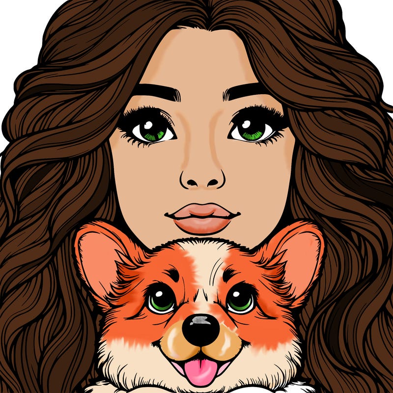 realistic girl face with a nose and wavy hair and a corgi dog in her arms