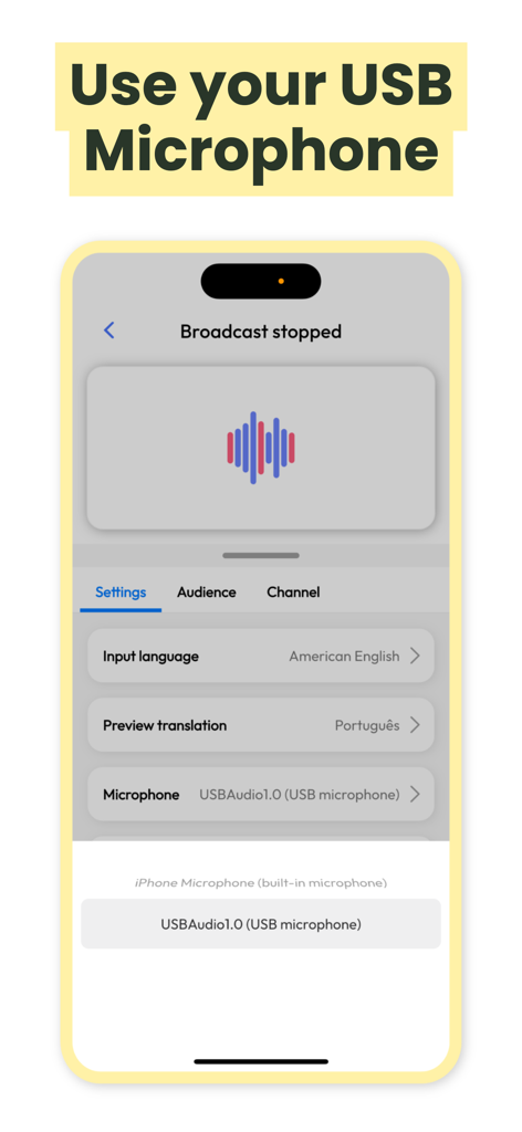 Live Voice Translator: Hope - Live Voice Translator Hope app showing USB microphone settings