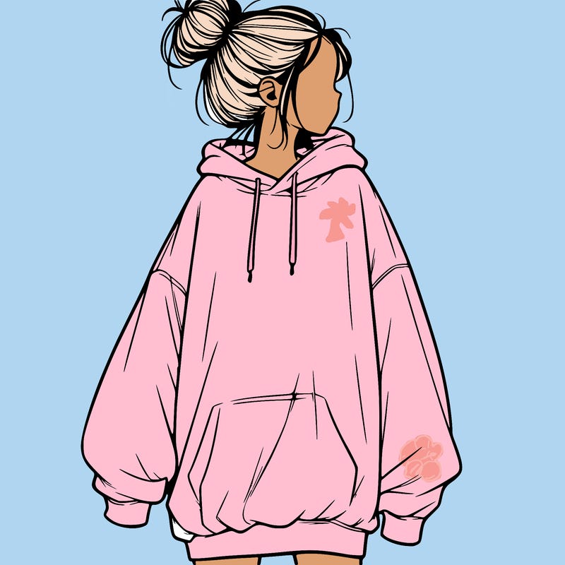 realistic girl with a oversized sweatshirt on and a bun