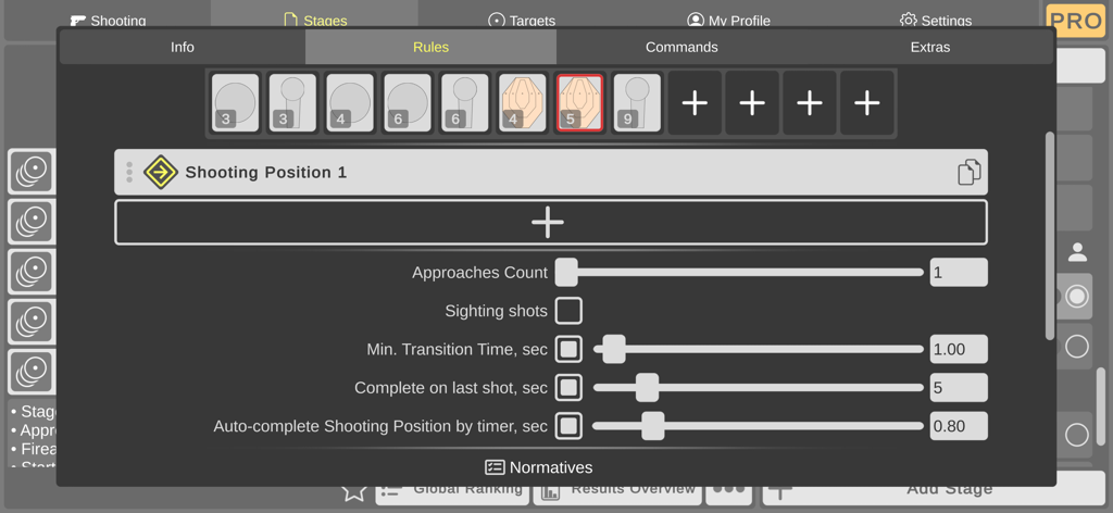 Interface for configuring shooting position rules and target settings in the iShooter Mobile app.