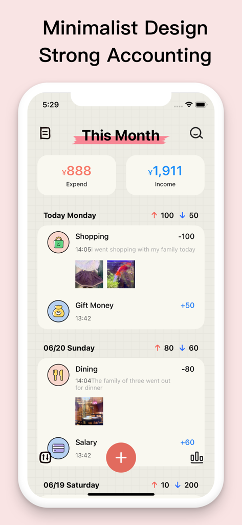 EMMO Cost - Mobile screenshot of EMMO Cost app showing a minimalist monthly overview and daily expense logs with photo attachments
