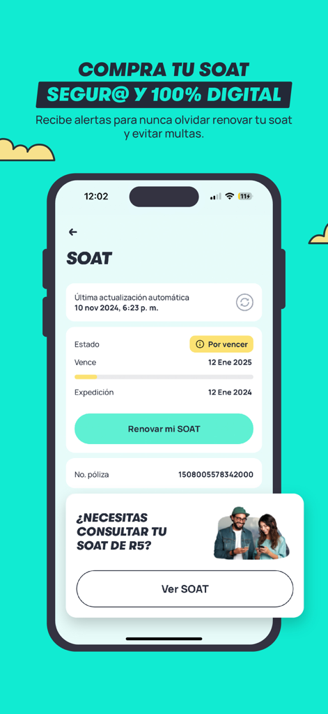 R5: SOAT, Multas, Tecno y más - R5 app interface for managing and renewing Colombian SOAT insurance