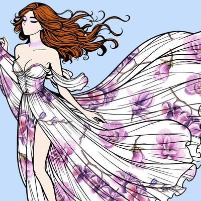 realistic woman in dress flowing the the wind
