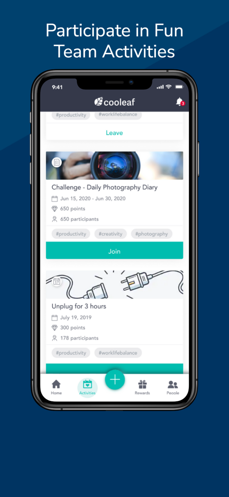 Die Cooleaf-App zeigt eine Liste von unterhaltsamen Teamaktivitäten und Herausforderungen, darunter ein tägliches Fototagebuch und eine Initiative zum Abschalten für eine Work-Life-Balance.