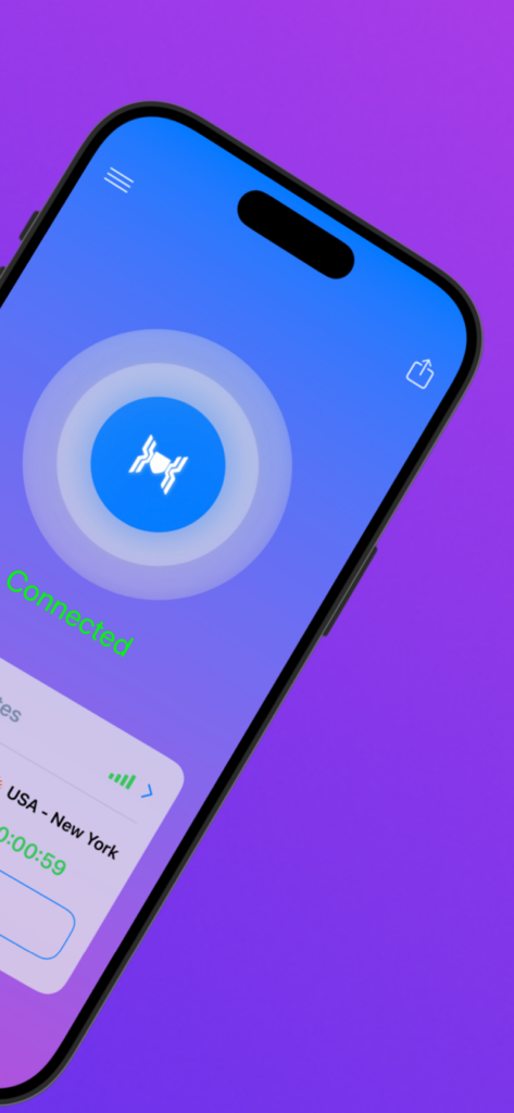 VPN Proxy Spider app interface showing a green connected status to a USA server