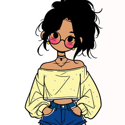 girl with a messy ponytail glasses a baggy crop top and jean shorts