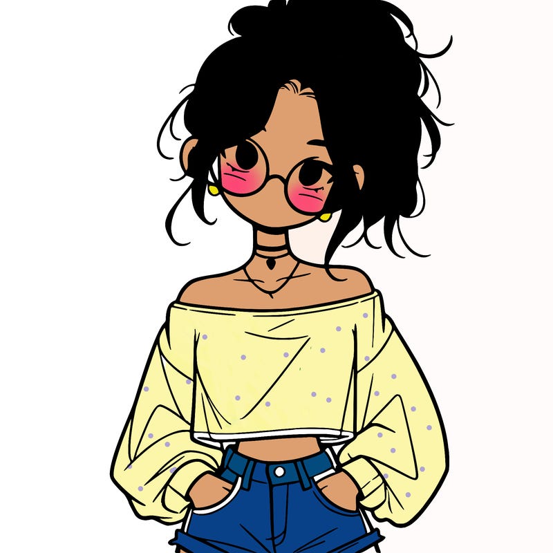 girl with a messy ponytail glasses a baggy crop top and jean shorts