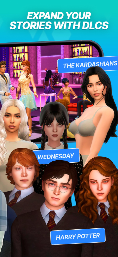 Game Mods for The Sims 4 - Sims 4 character customization ideas inspired by Harry Potter and Wednesday Addams.