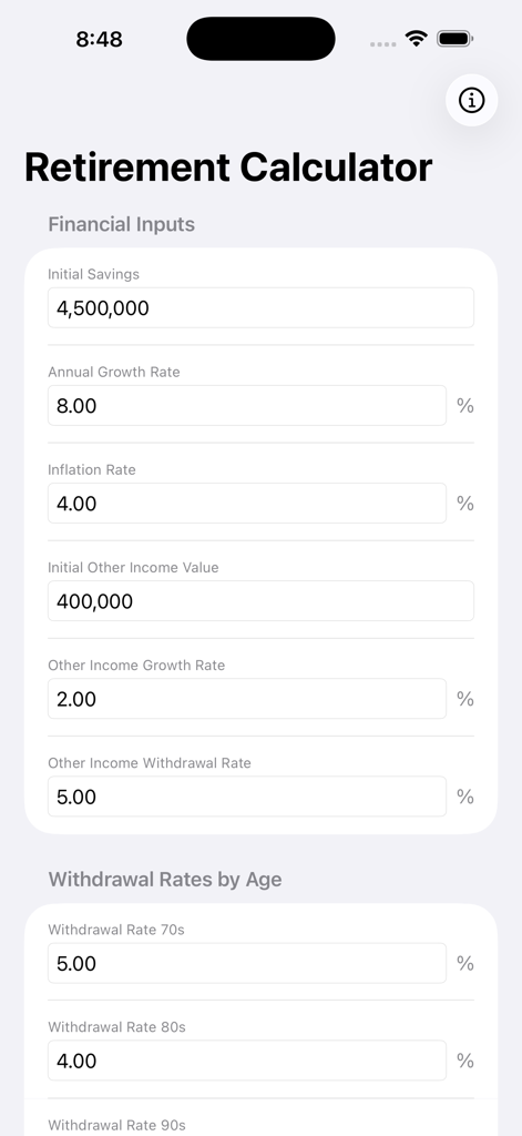 RetireSmart — Retire Planner - Interface of the RetireSmart retirement calculator showing editable financial inputs and withdrawal rates by age