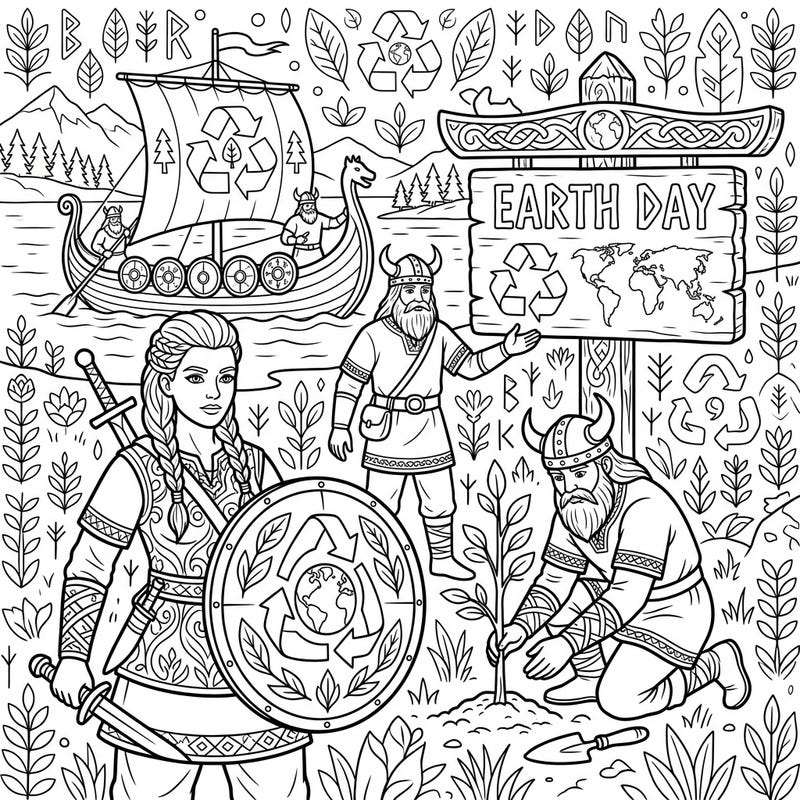 Journey back in time with this epic Viking Earth Day coloring page, where ancient Norse spirit meets modern environmentalism. Celebrate the planet alongside brave warriors, planting trees and promoting recycling.