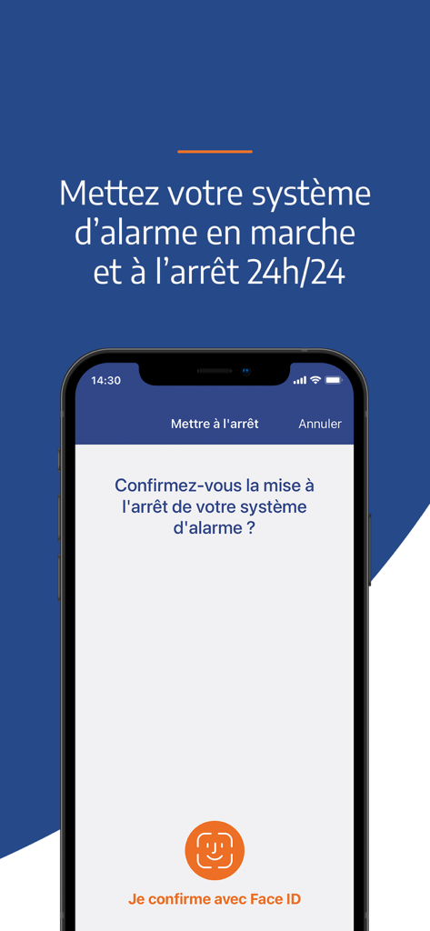 Homiris - Ein Smartphone zeigt die Homiris-App-Oberfläche zum Aktivieren und Deaktivieren eines Hausalarmsystems mittels Face-ID-Biometrie