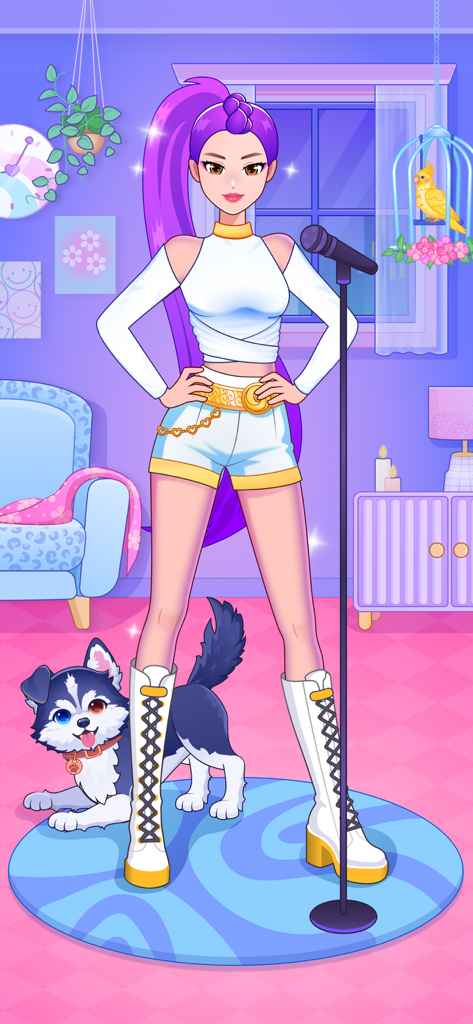 BFF Dress Up - Princess Doll - A stylish girl with purple hair in a white pop star outfit standing by a microphone with a husky puppy