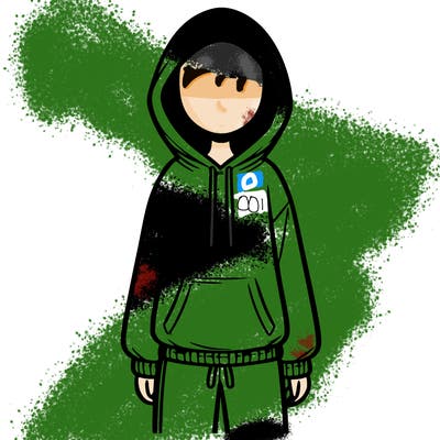 faceless girl in a tracksuit with a hood on and no hair