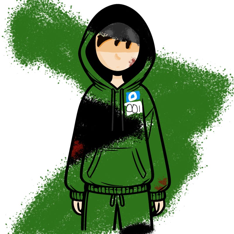 faceless girl in a tracksuit with a hood on and no hair