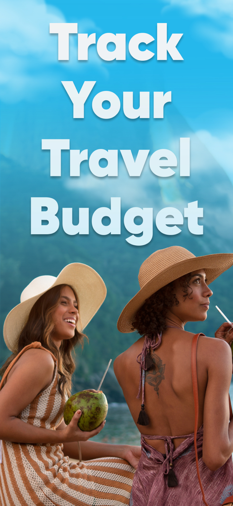 Due giovani viaggiatrici che si godono delle noci di cocco su una spiaggia tropicale con il testo Track Your Travel Budget