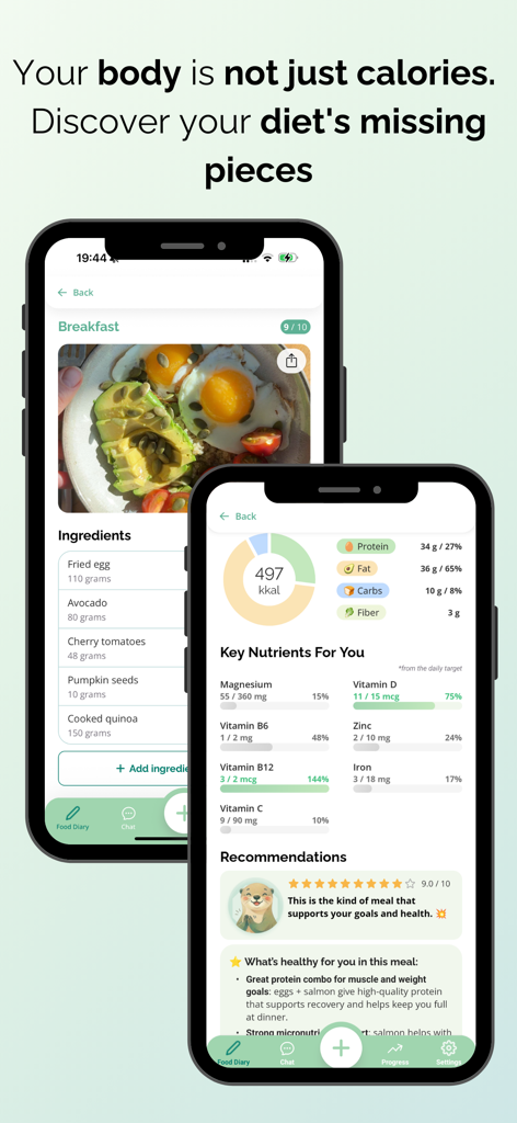 Nutria app interface showing photo meal analysis and detailed daily vitamin and mineral tracking.