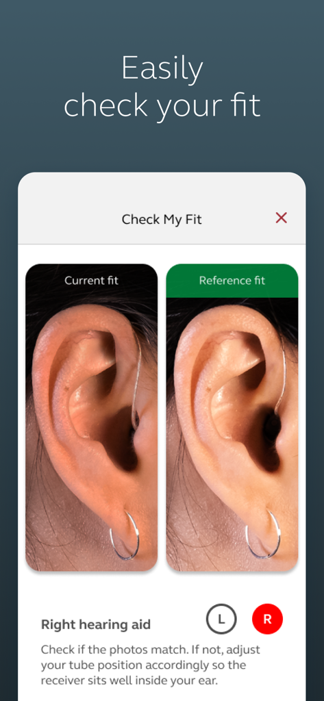 Jabra Enhance Pro - Jabra Enhance Pro app interface showing the Check My Fit feature comparing current hearing aid placement with a reference photo