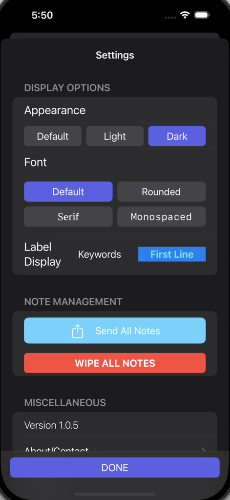 The settings screen of the Notes NoData app showing display options note management features and a wipe all notes button