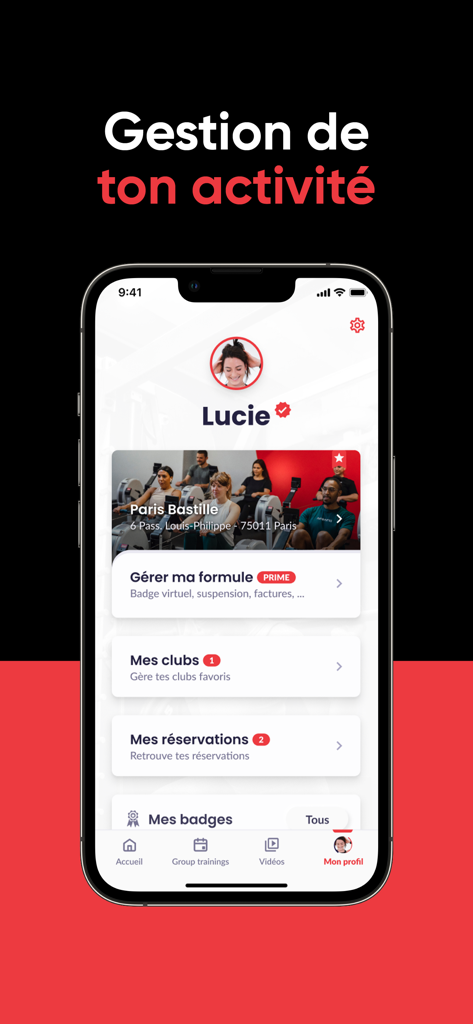 Neoness - Pantalla de perfil de usuario de la aplicación móvil Neoness que muestra la gestión de actividad y las opciones de suscripción