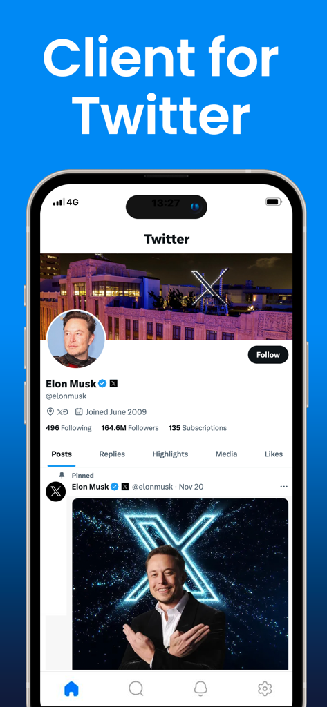 Interface de l'application TwitterIt montrant une page de profil utilisateur sur Twitter X