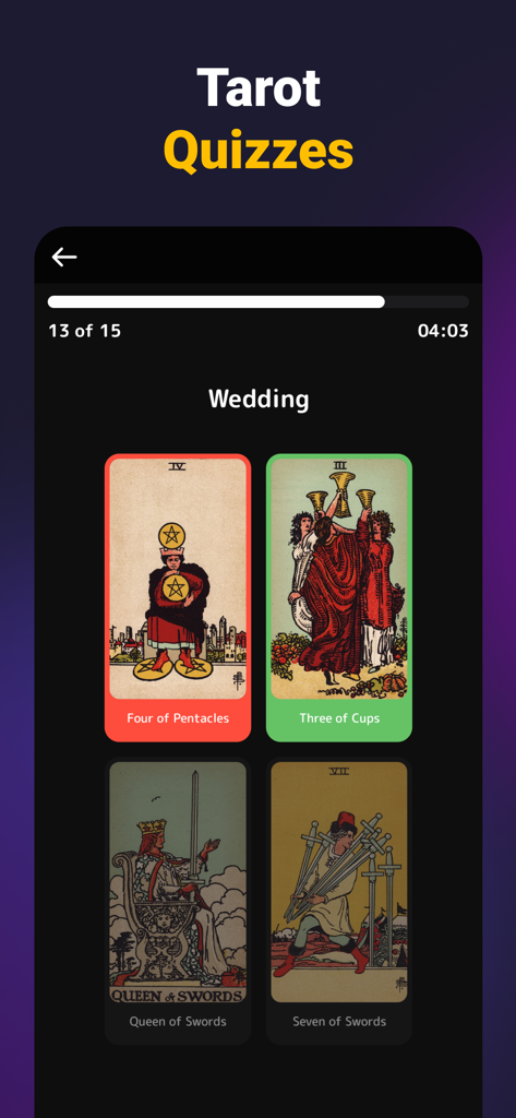 Tarot Card Reading and Meaning - Pantalla de cuestionario de cartas del tarot que muestra opciones de respuesta múltiple para el significado de una boda