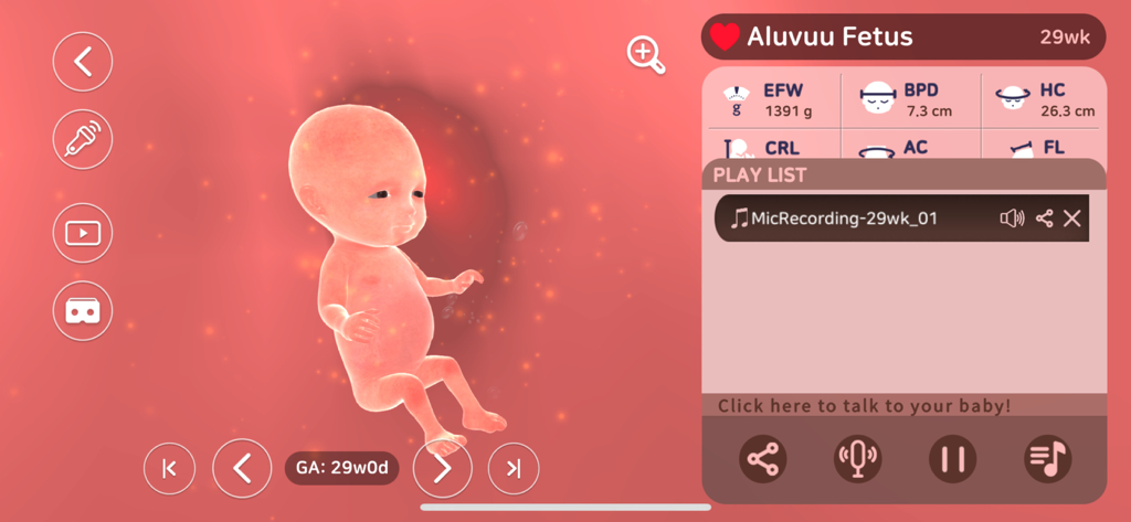 Aluvuu Fetus - Interface of the Aluvuu Fetus app showing a 3D baby model at 29 weeks with fetal growth metrics and heartbeat recording options
