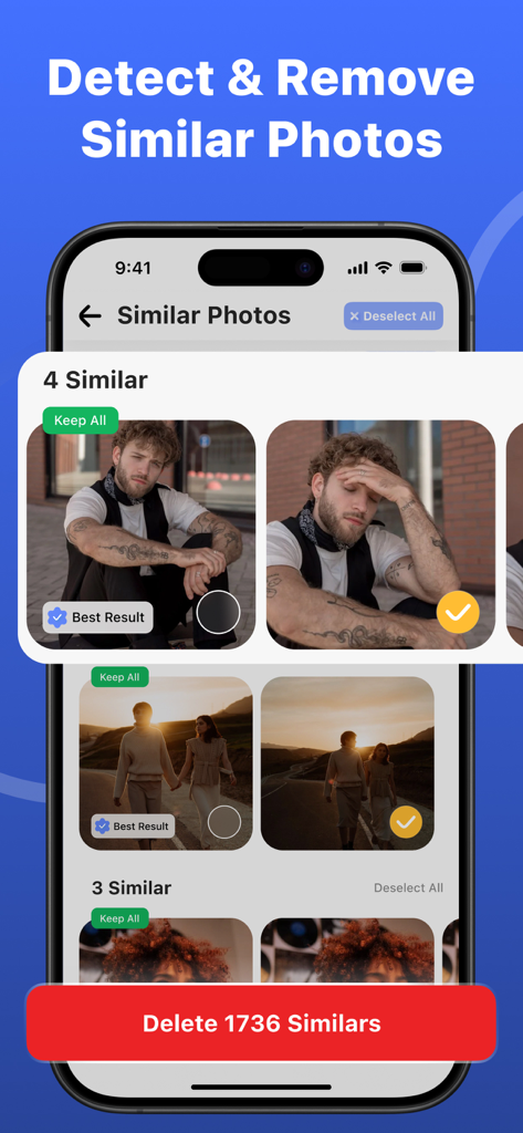 Clean AI・Phone Storage Cleaner - Interface showing Clean AI app detecting and grouping similar photos for quick deletion to free up storage space.
