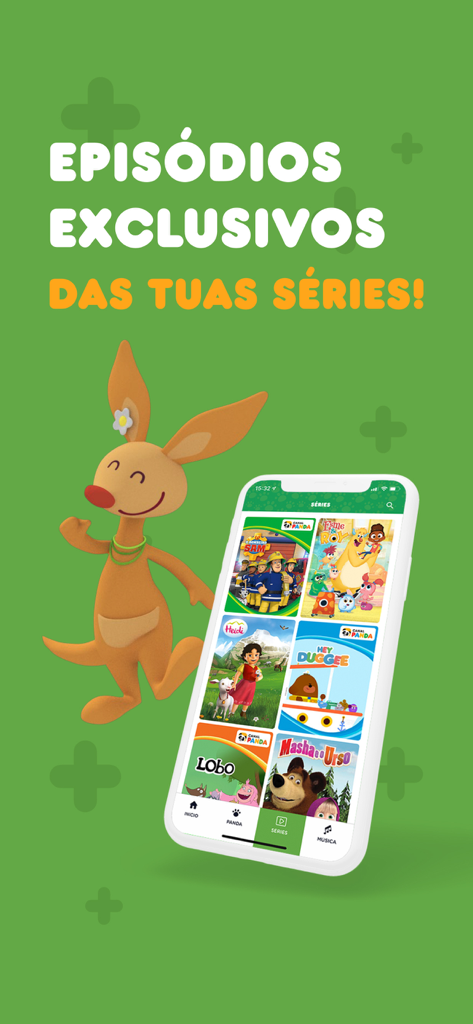 Panda+ - Panda plus app interface showing a library of children series in Portuguese next to a cartoon kangaroo character