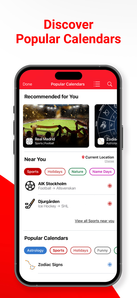 Smartphone-Bildschirm, der die Funktion „Beliebte Kalender entdecken“ in der Week Calendar App mit Sport- und Sternzeichenempfehlungen anzeigt