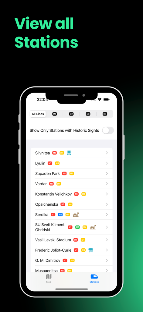 A screen from the Sofia Metro app showing a list of subway stations with line icons and a filter for historic landmarks.