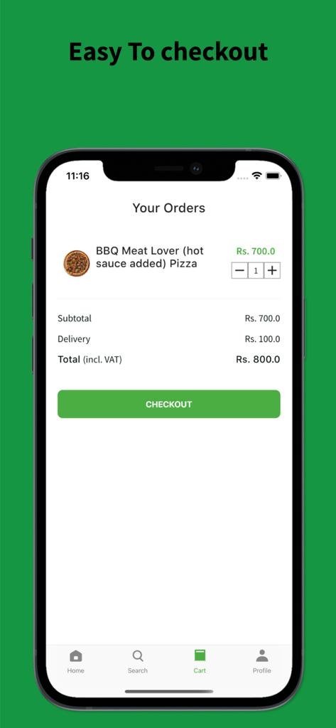 WL food - Checkout screen of WL food app showing a pizza order summary and total price.