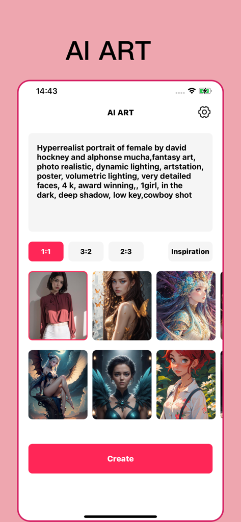 Interface do aplicativo AIArt mostrando um prompt de texto detalhado e uma grade de retratos femininos gerados por IA em vários estilos artísticos.