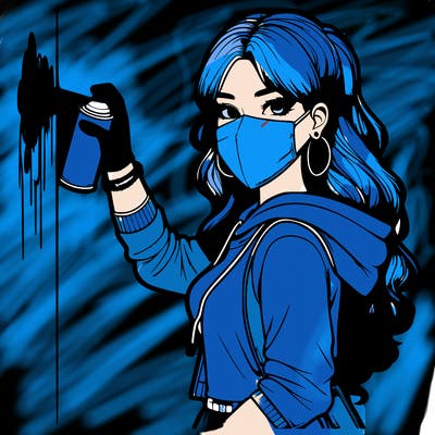 realistic girl with mask spray painting a wall