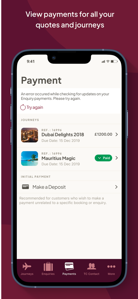 myTC - Travel Counsellors - A mobile screen showing the payment section of the myTC travel app with a list of journeys and their payment status