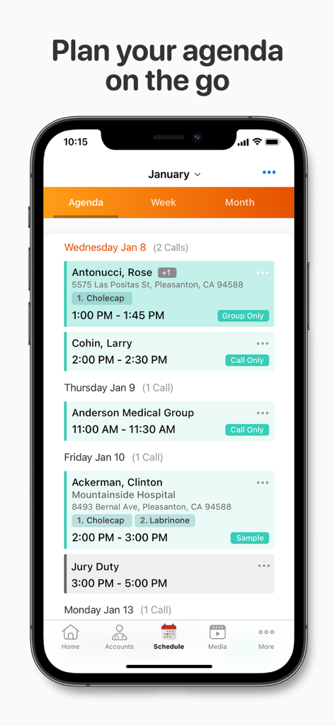 Veeva CRM mobile interface displaying a pharmaceutical sales representative schedule and agenda.