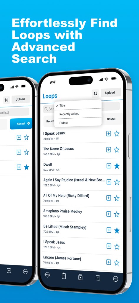 Loops & Clicks - LiveTrackz - LiveTrackz mobile app interface showing advanced search and filtering for music loops