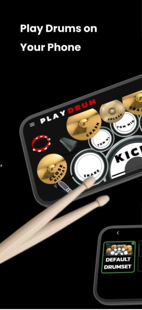 Play Drum – Real Drums Kit App - Interface of Play Drum app showing a realistic virtual drum kit on a smartphone