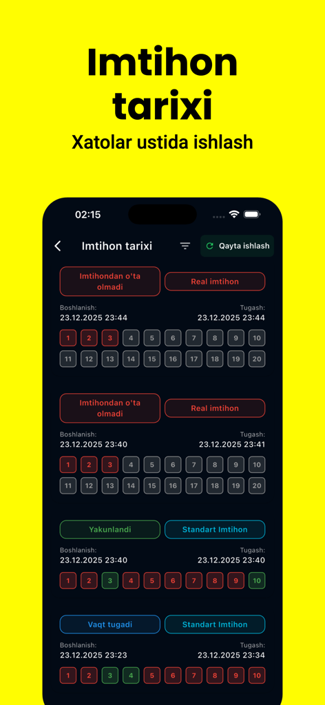 Avto Test PRO - A screen in the Avto Test PRO app showing a detailed exam history with red and green indicators for incorrect and correct answers.