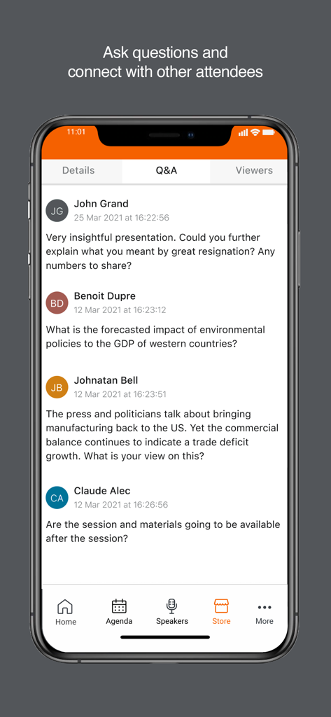 Mobile app interface showing a live Q&A session where conference attendees ask professional questions during an event.