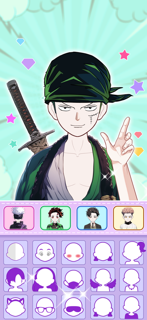 Anime Couple: Avatar Maker - Interfaz del creador de personajes de anime que presenta un avatar masculino personalizado con una bandana verde y una espada, además de varios iconos de estilo.