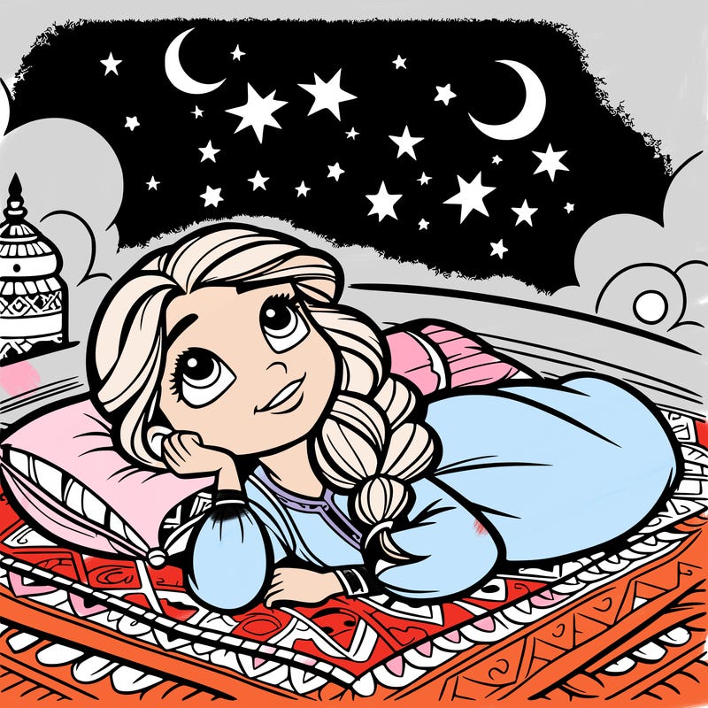 a princess lying on her back on a blanket, looking up at the stars with a dreamy expression.