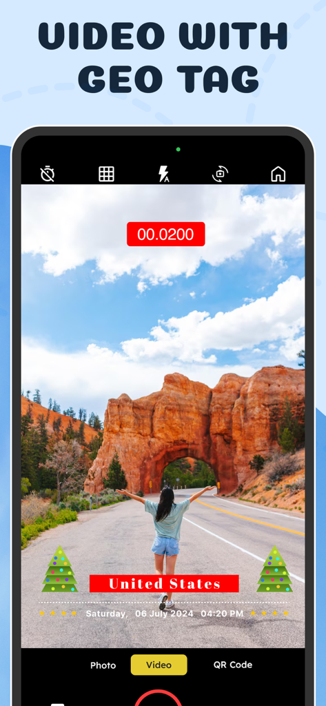 GPS Camera - GPS Video Camera - GPS Video Cameraアプリが、美しい風景の上に埋め込まれた位置スタンプとタイムスタンプ付きのビデオを録画しているスマートフォン画面。