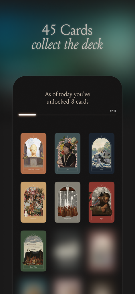Interface de l'application de pleine conscience Deste montrant une collection de cartes d'oracle artistiques et les progrès de l'utilisateur