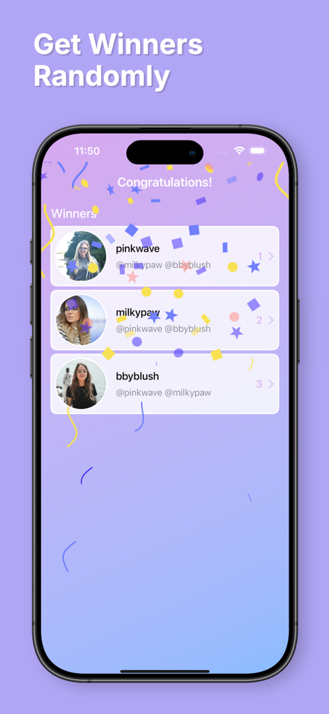 お祝いの紙吹雪とともに、Instagramプレゼント企画のランダムに選ばれた当選者を表示するモバイルアプリ画面
