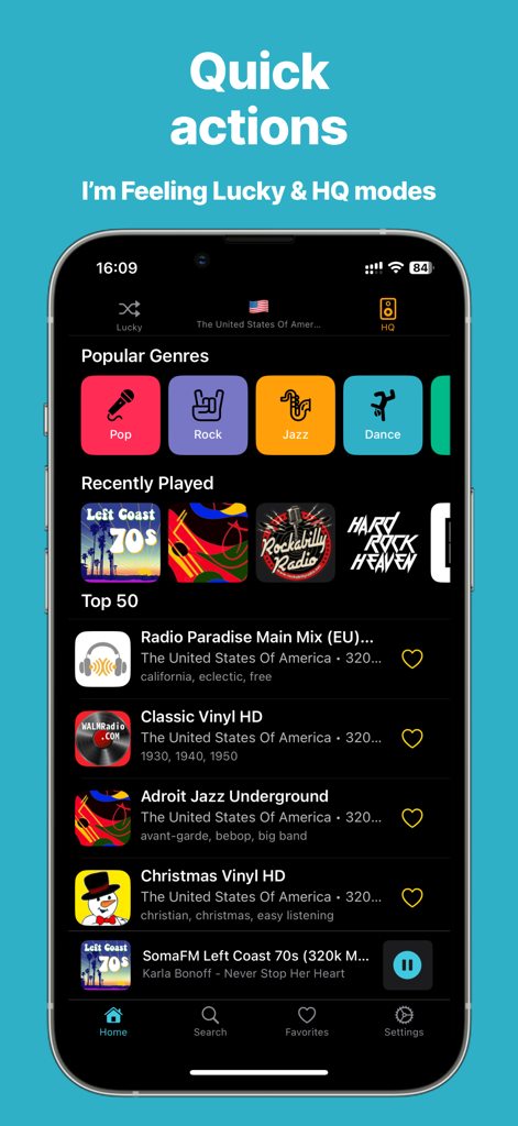 Tela inicial do aplicativo OpenTune Radio mostrando gêneros musicais populares e uma lista das principais estações de rádio