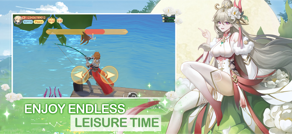 Sky Utopia game screenshot featuring a character fishing with the text Enjoy Endless Leisure Time