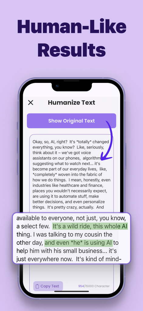 Schermata di uno smartphone che mostra la funzione di umanizzazione del testo dell'app con risultati di scrittura naturale.