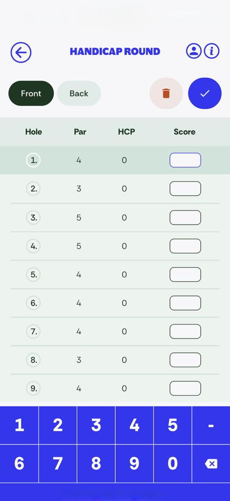 eBirdie - Interface of the eBirdie app showing the handicap round score entry screen with a numeric keypad