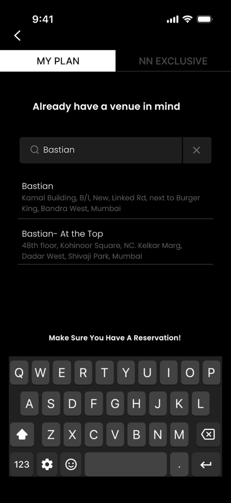 Uma tela do aplicativo NO NAMES mostrando uma interface de busca de local para criar planos sociais em locais como Bastian.