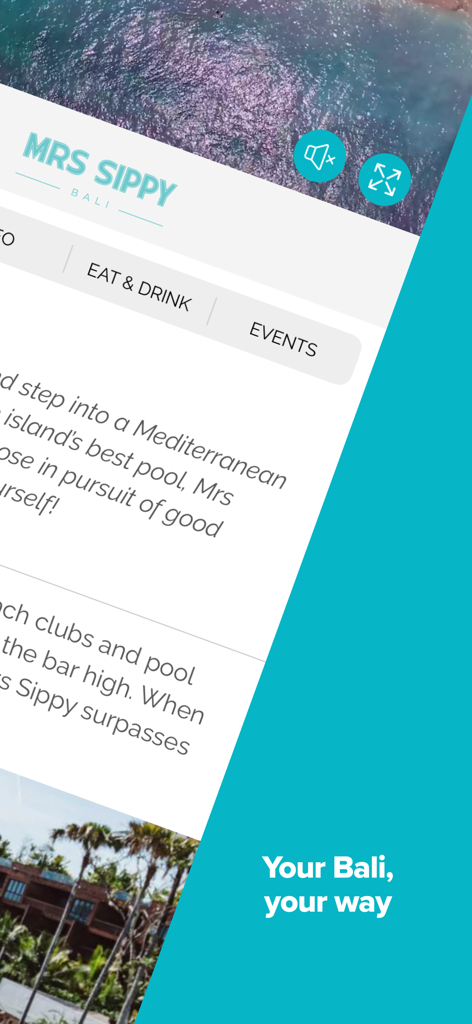 Bali App - Bali App interface displaying Mrs Sippy beach club information and event options